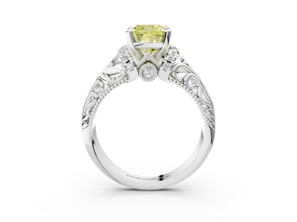 Platinum Fancy Yellow Cushion  Solitaire Filigree Engagement Ring with Halo and Prong Setting