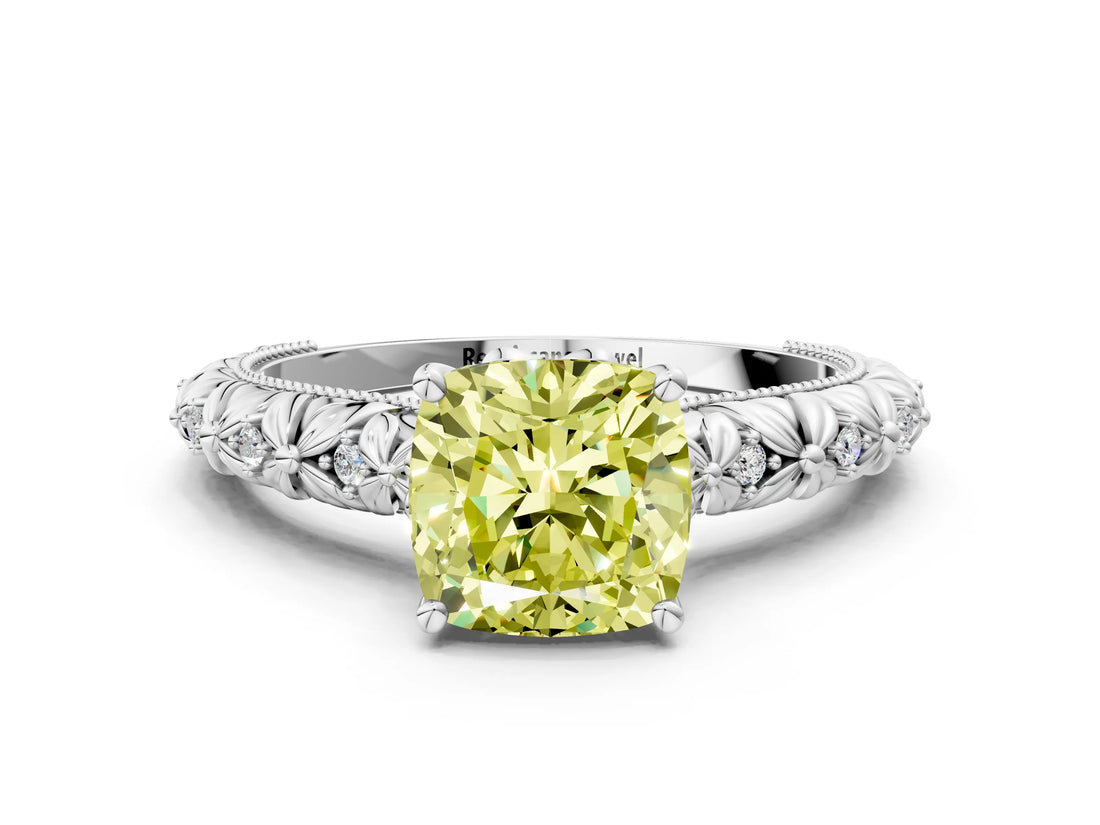 White gold Fancy Yellow Cushion  Solitaire Floral Milgrain Engagement Ring_31