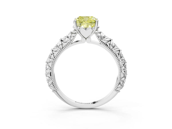 Platinum Fancy Yellow Cushion  Solitaire Floral Milgrain Engagement Ring