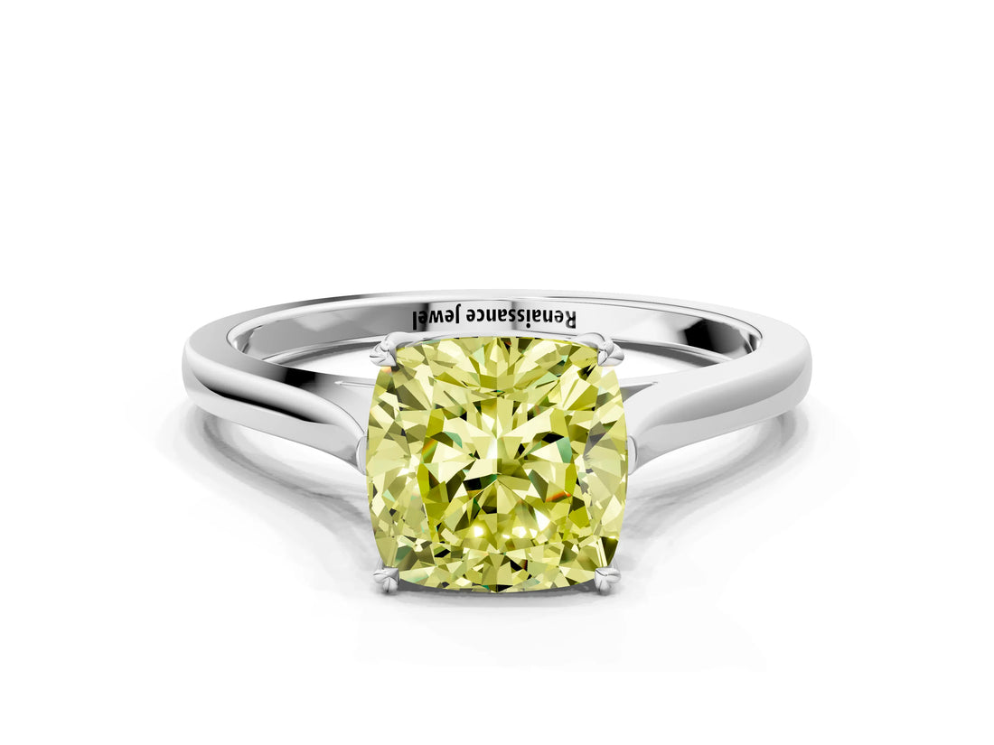 White gold Fancy Yellow Cushion  Solitaire Heart Prong Engagement Ring with Tapered Band_55