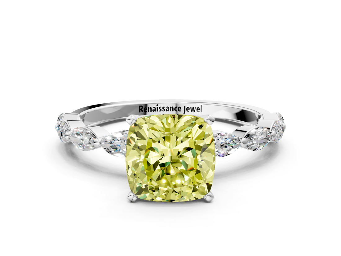 White gold Fancy Yellow Cushion  Solitaire Marquise Side Stone Prong Setting Ring_61