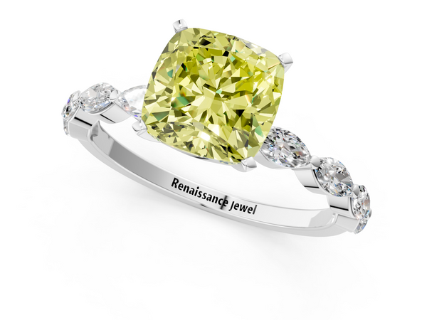 White gold Fancy Yellow Cushion Cut Diamond Ring with Marquise Side Stones and Prong Setting