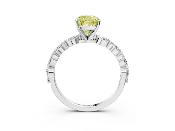 White gold Fancy Yellow Cushion Cut Diamond Ring with Marquise Side Stones and Prong Setting