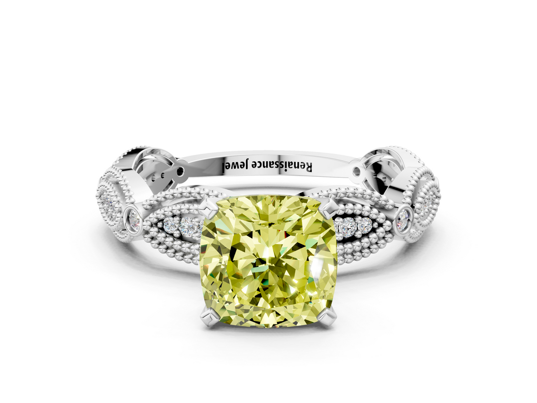 White gold Fancy Yellow Cushion  Solitaire Milgrain Diamond Engagement Ring with Bezel and Marquise Band_54