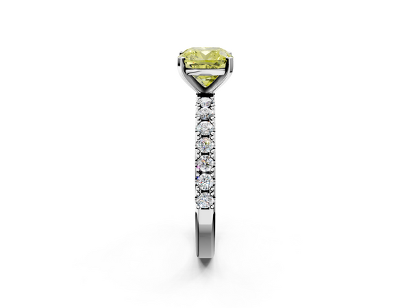 White gold Fancy Yellow Cushion Cut Diamond Solitaire Pavé Band with Four-Prong Setting