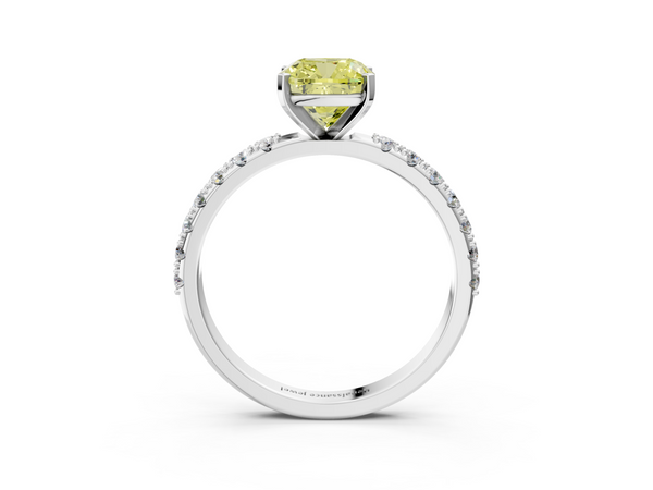 White gold Fancy Yellow Cushion Cut Diamond Solitaire Pavé Band with Four-Prong Setting