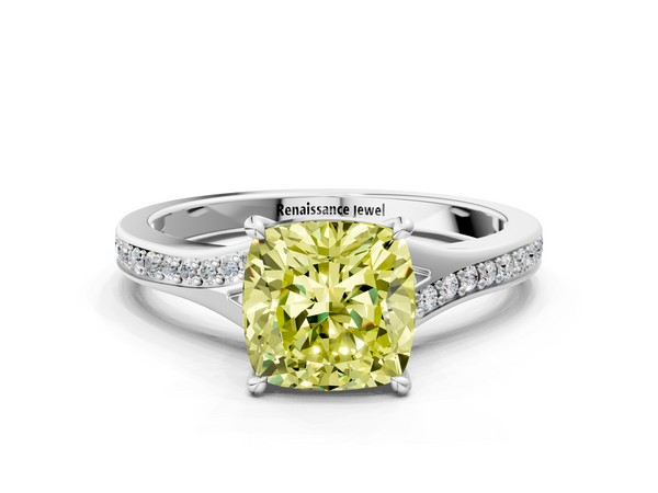 White gold Fancy Yellow Cushion Cut Diamond Solitaire Ring with Pavé Band and Prong Setting