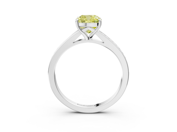 White gold Fancy Yellow Cushion Cut Diamond Solitaire Ring with Pavé Band and Prong Setting