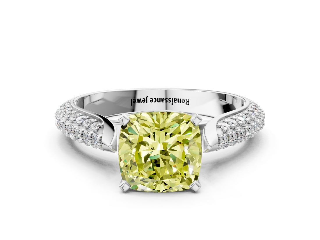White gold Fancy Yellow Cushion  Solitaire Pavé Diamond Engagement Ring with Four-Prong Setting_173
