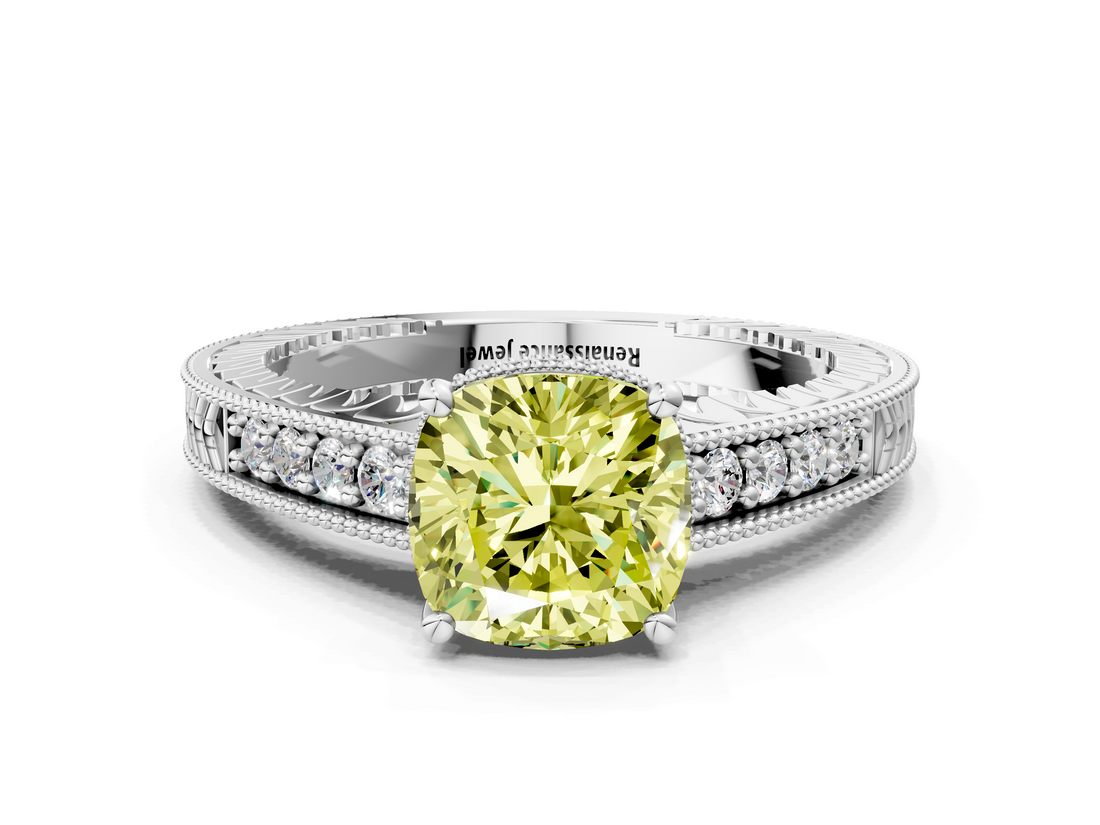 White gold Fancy Yellow Cushion  Solitaire Pavé Diamond Milgrain Engagement Ring with Four-Prong Setting_3