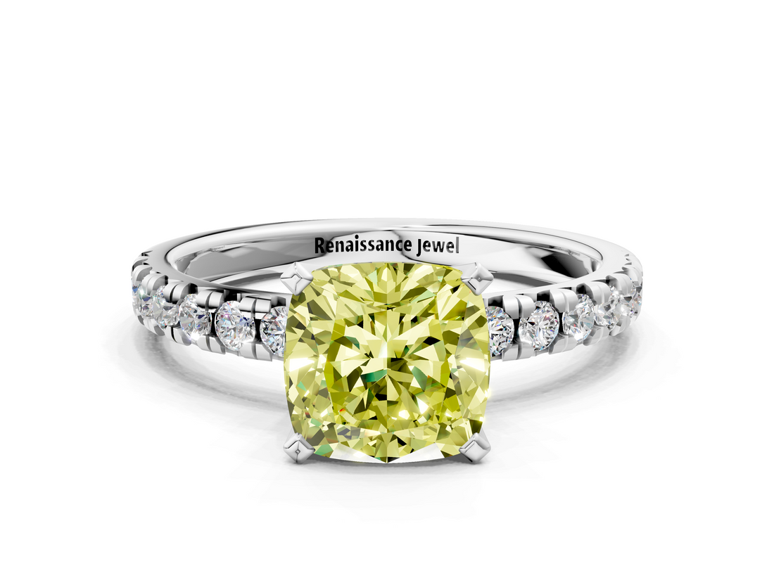 White gold Fancy Yellow Cushion  Solitaire Pave Diamond Engagement Ring with Four-Prong Setting_341