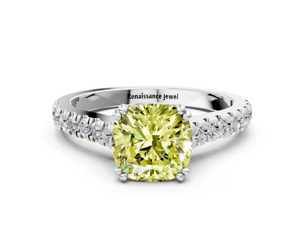White gold Fancy Yellow Cushion  Solitaire Pave Diamond Engagement Ring with Prong Setting