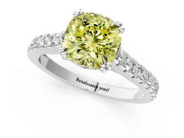 White gold Fancy Yellow Cushion  Solitaire Pave Diamond Engagement Ring with Prong Setting