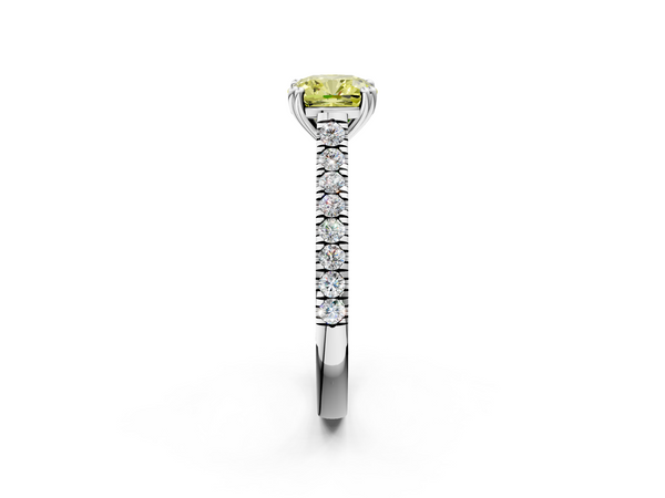 White gold Fancy Yellow Cushion  Solitaire Pave Diamond Engagement Ring with Prong Setting
