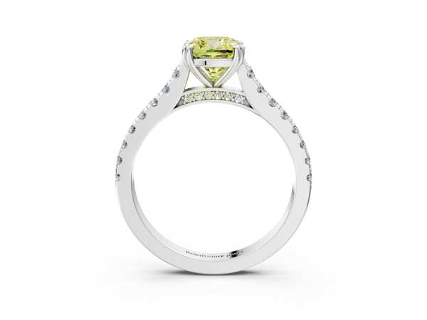 White gold Fancy Yellow Cushion  Solitaire Pave Diamond Engagement Ring with Prong Setting