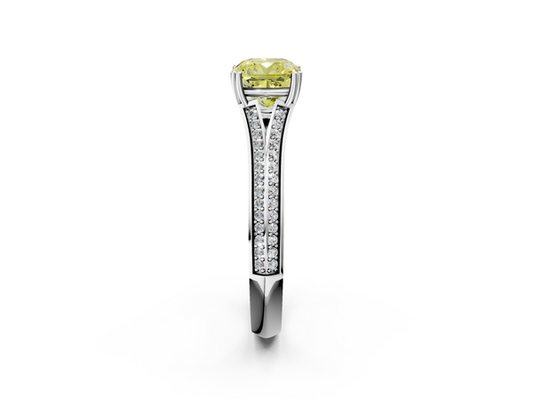 White gold Fancy Yellow Cushion Cut Diamond Split Shank Engagement Ring with Pavé Band