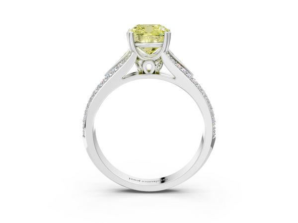 White gold Fancy Yellow Cushion Cut Diamond Split Shank Engagement Ring with Pavé Band
