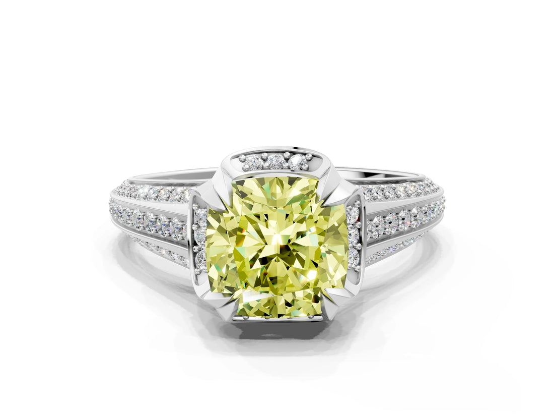 White gold Fancy Yellow Cushion  Solitaire Pave Split Shank Ring with Four-Prong Setting_147