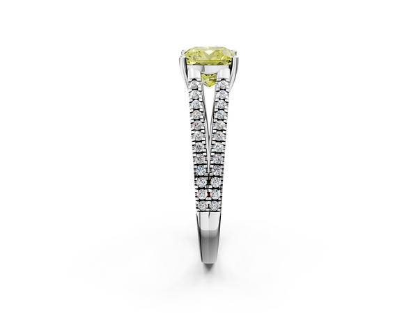 White gold Fancy Yellow Cushion Cut Diamond Solitaire Engagement Ring with Split Shank Pavé Band