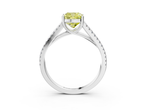 White gold Fancy Yellow Cushion Cut Diamond Solitaire Engagement Ring with Split Shank Pavé Band