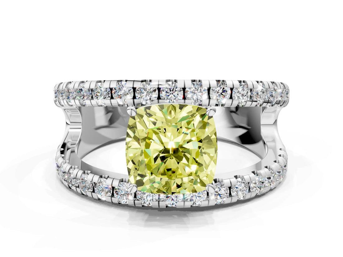White gold Fancy Yellow Cushion  Solitaire Split Shank Pave Diamond Ring_49