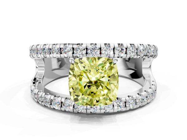 Platinum Fancy Yellow Cushion  Solitaire Split Shank Pave Diamond Ring