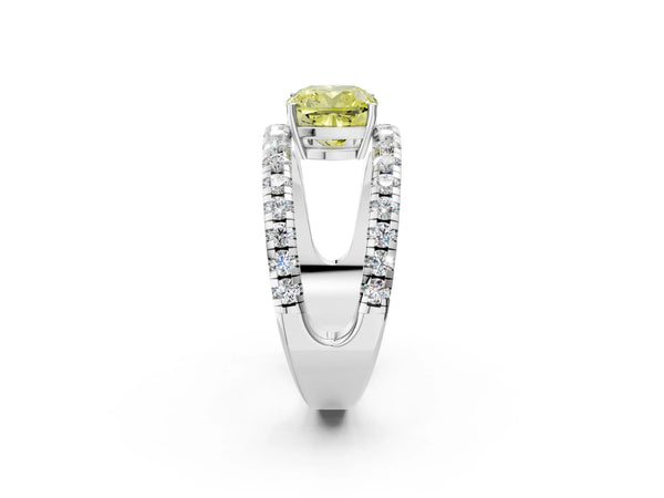 Platinum Fancy Yellow Cushion  Solitaire Split Shank Pave Diamond Ring