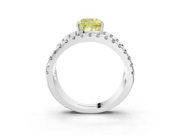 Platinum Fancy Yellow Cushion  Solitaire Split Shank Pave Diamond Ring