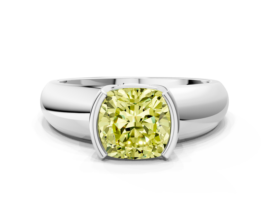 White gold Fancy Yellow Cushion  Solitaire Tension Set Diamond Ring with Wide Band_20
