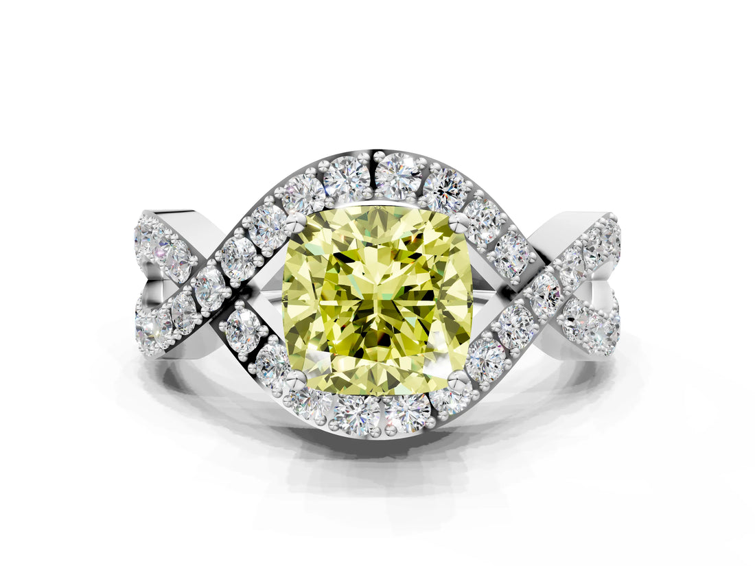 White gold Fancy Yellow Cushion  Solitaire Twist Band Pavé Diamond Engagement Ring_32
