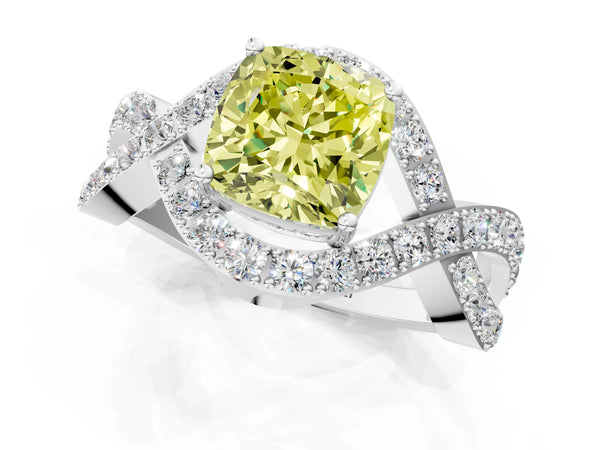 Platinum Fancy Yellow Cushion  Solitaire Twist Band Pavé Diamond Engagement Ring