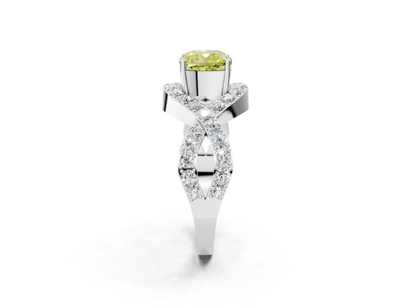 Platinum Fancy Yellow Cushion  Solitaire Twist Band Pavé Diamond Engagement Ring