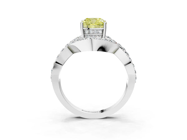 Platinum Fancy Yellow Cushion  Solitaire Twist Band Pavé Diamond Engagement Ring