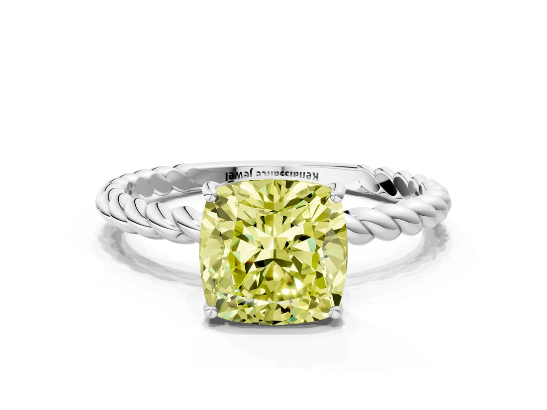 White gold Fancy Yellow Cushion  Solitaire Twist Band Ring with Four-Prong Setting_14