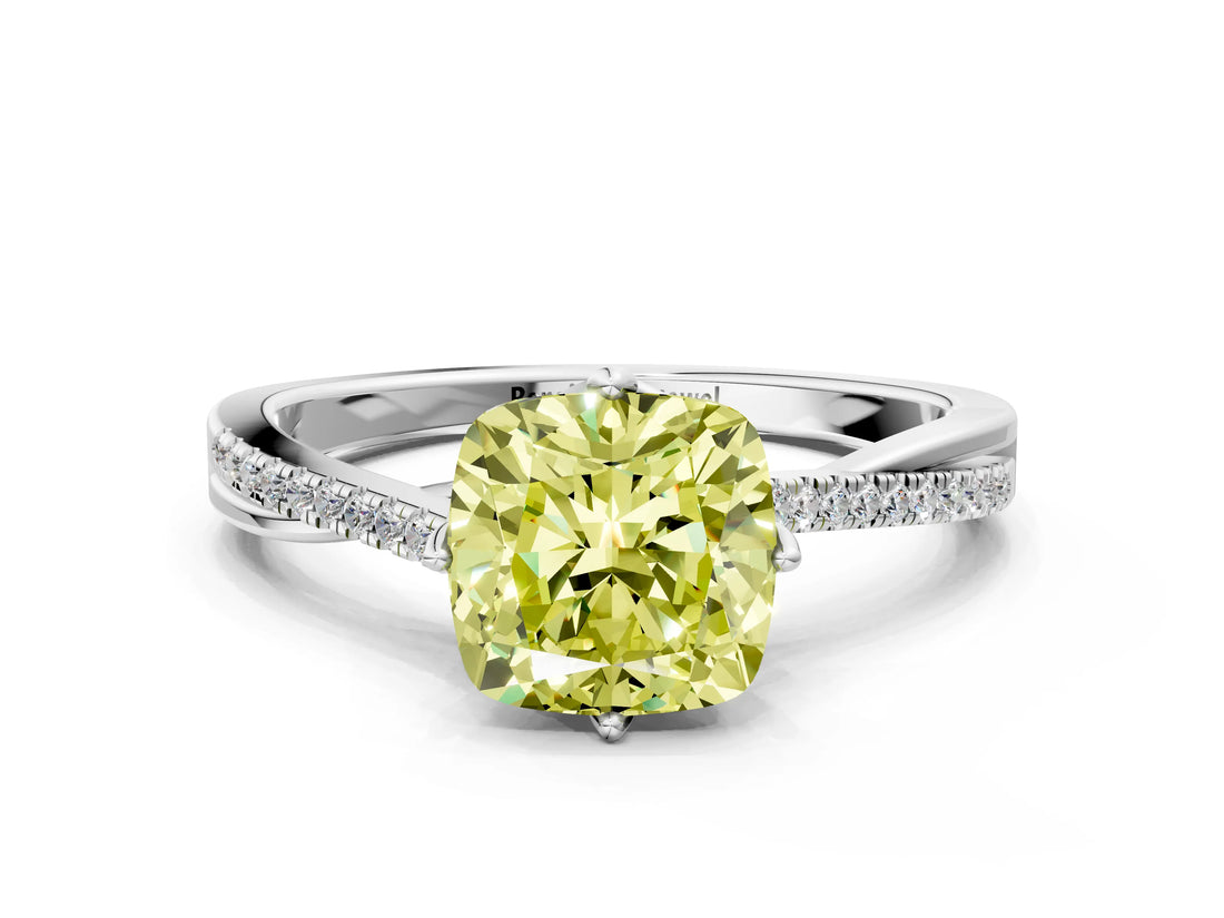 White gold Fancy Yellow Cushion  Solitaire Twist Band with Pavé Diamonds and Four-Prong Setting_96
