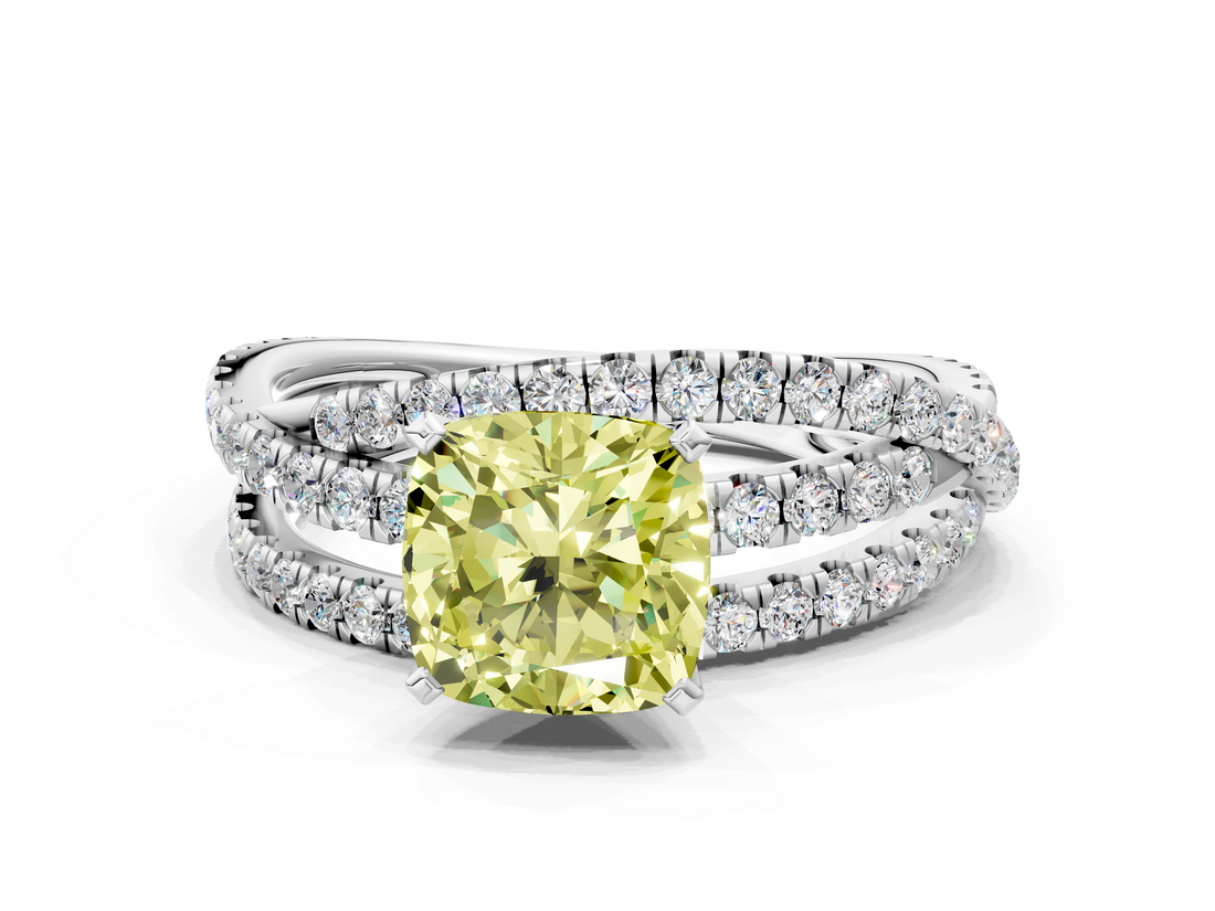 White gold Fancy Yellow Cushion  Solitaire Twist Band with Pavé Setting and Four-Prong Setting_118