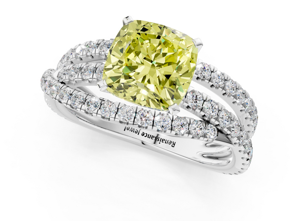White gold Fancy Yellow Cushion  Solitaire Twist Band with Pavé Setting and Four-Prong Setting