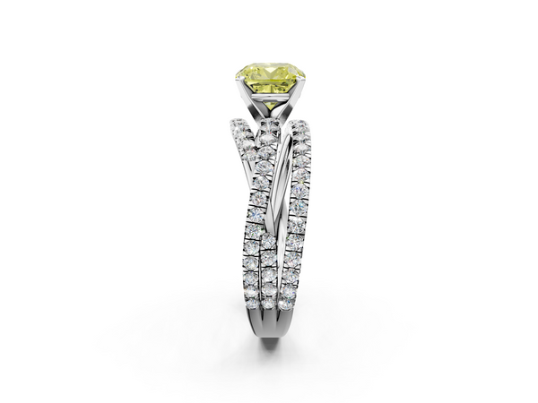White gold Fancy Yellow Cushion  Solitaire Twist Band with Pavé Setting and Four-Prong Setting