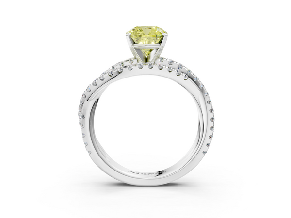 White gold Fancy Yellow Cushion  Solitaire Twist Band with Pavé Setting and Four-Prong Setting