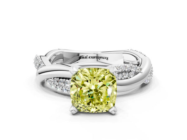 White gold Fancy Yellow Cushion  Solitaire Twist Band with Pave Prong Setting