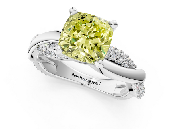 White gold Fancy Yellow Cushion  Solitaire Twist Band with Pave Prong Setting