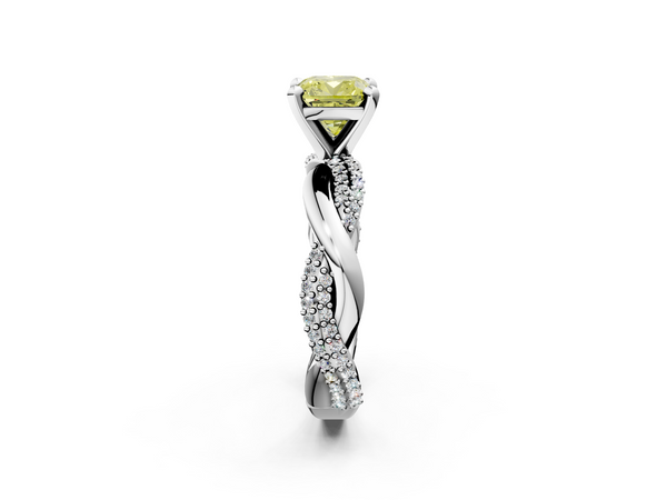 White gold Fancy Yellow Cushion  Solitaire Twist Band with Pave Prong Setting