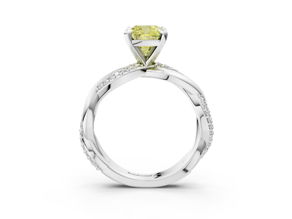 White gold Fancy Yellow Cushion  Solitaire Twist Band with Pave Prong Setting