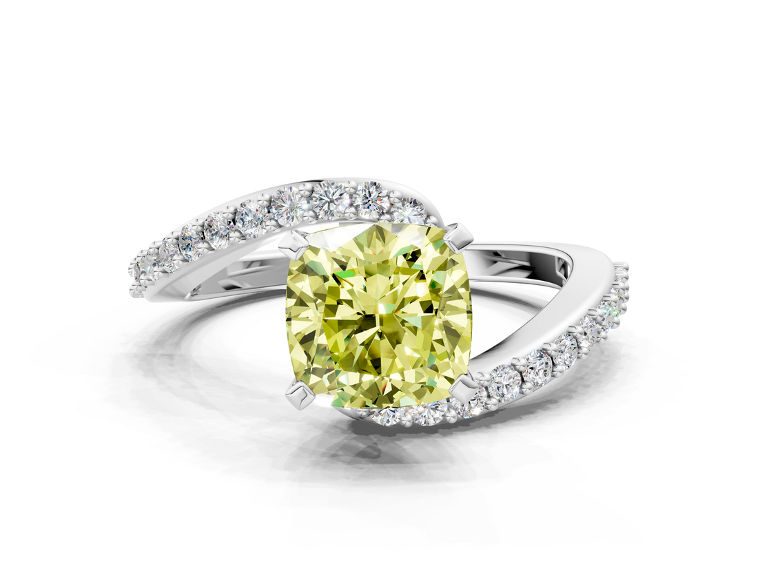 White gold Fancy Yellow Cushion  Solitaire Twist Band with Pave Set Diamonds and Four-Prong Setting_147