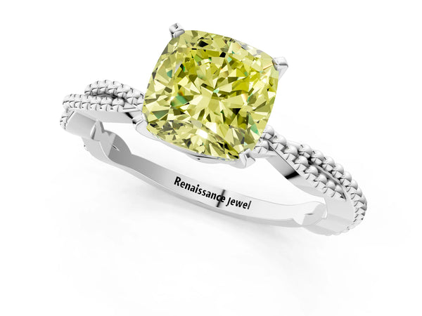White gold Fancy Yellow Cushion  Solitaire Twisted Band with Bead Prong Setting