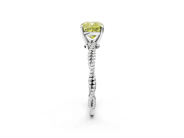 Platinum Fancy Yellow Cushion  Solitaire Twisted Band with Bead Prong Setting