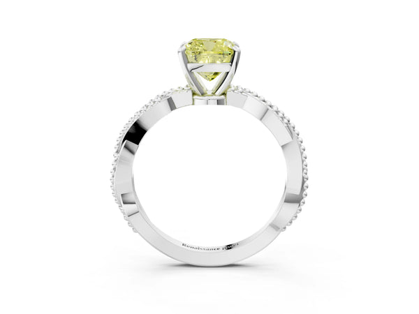 Platinum Fancy Yellow Cushion  Solitaire Twisted Band with Bead Prong Setting