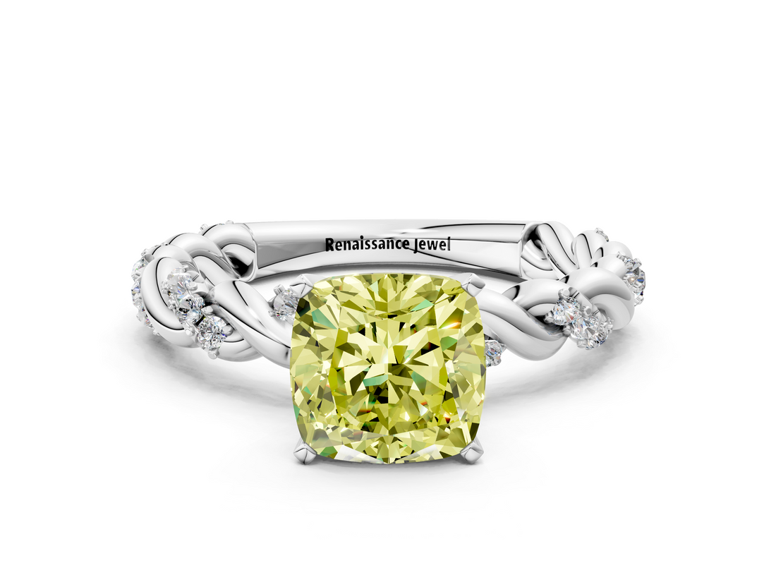 White gold Fancy Yellow Cushion  Solitaire Twisted Band with Pavé Accents and Four-Prong Setting_3