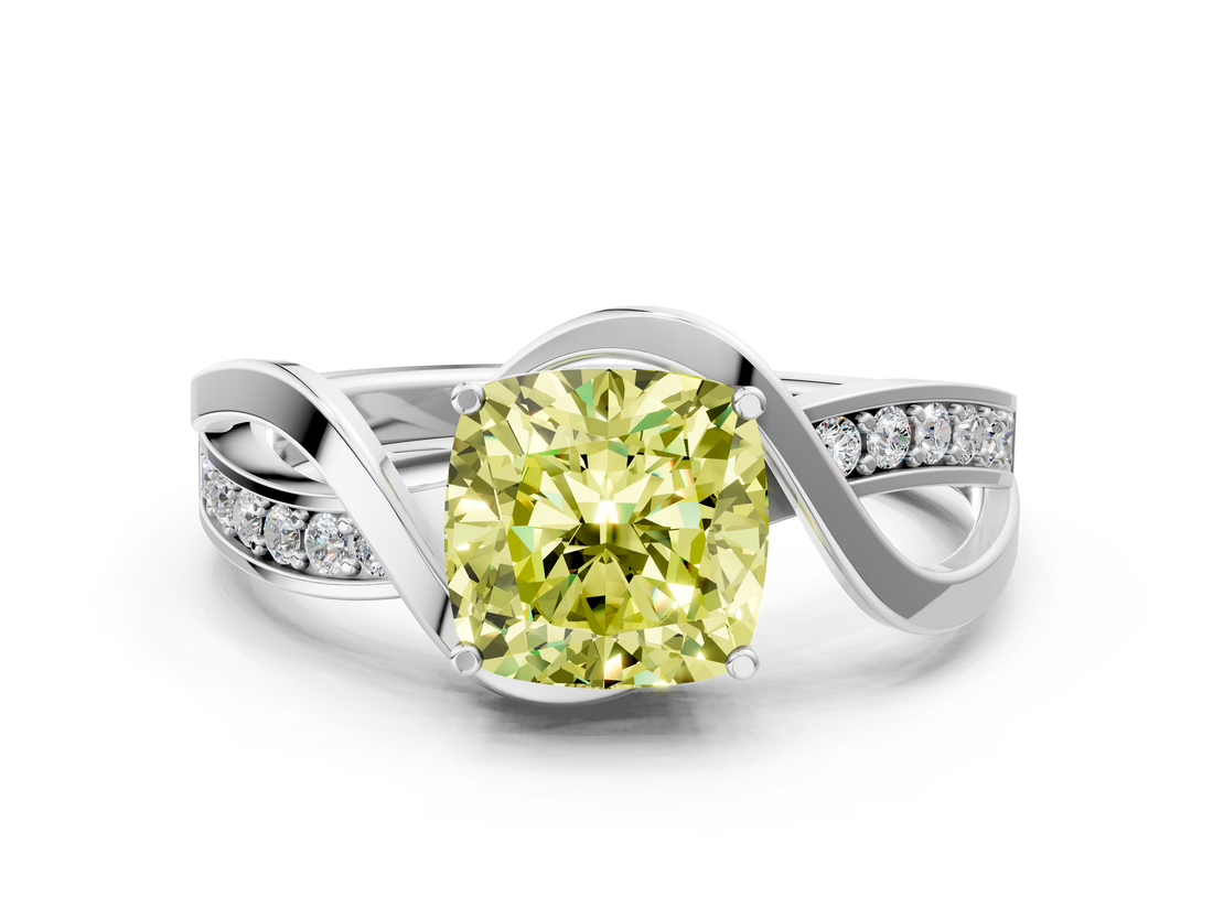 White gold Fancy Yellow Cushion  Solitaire Twisted Band with Prong Setting_3