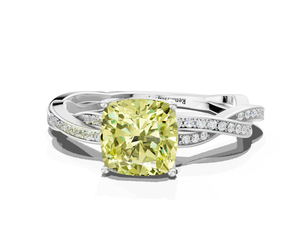 White gold Fancy Yellow Cushion  Solitaire Twisted Pave Diamond Ring with Four-Prong Setting